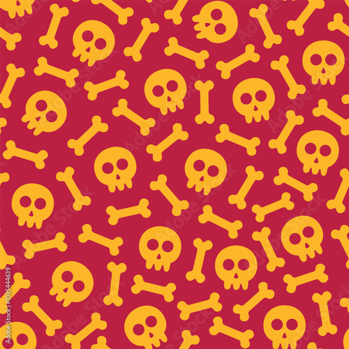 Seamless pattern of skulls and skeleton bones in flat design style in yellow color on red background