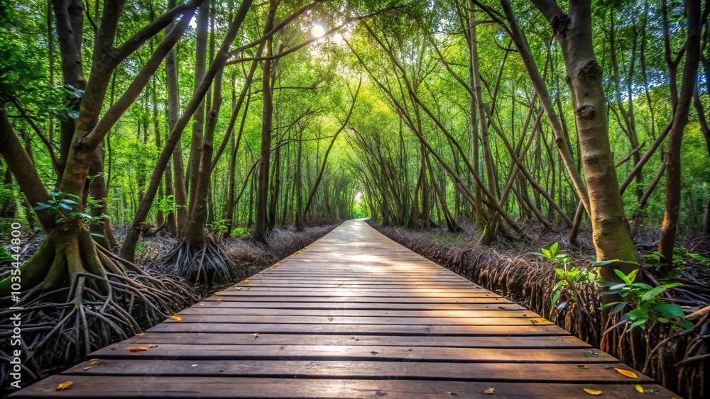 Obraz premium Low angle view of wooden paths in mangrove forest conservation