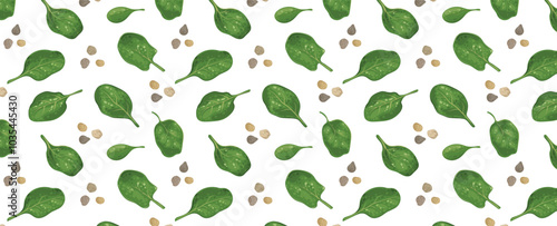 Fresh Leaf spinach and seeds how seamless pattern. Background of Green leaves vitamin salad. Rich source of vitamin K, vitamin A, iron and silicon. Vector banner.