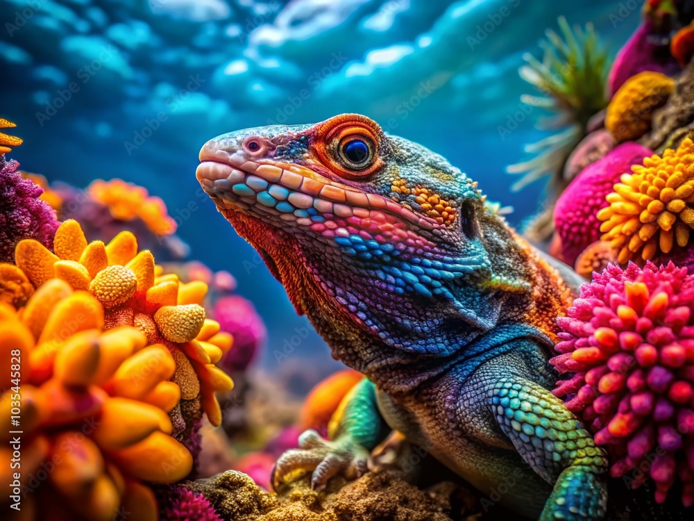 Obraz premium Lizard Among Coral: A Vibrant Underwater Fashion Photography Scene