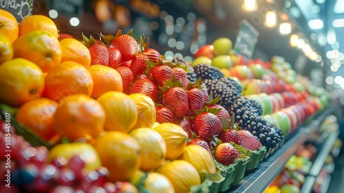 close up shot of tropical fruits stall in a store, realistic, vibrant, cinematic -