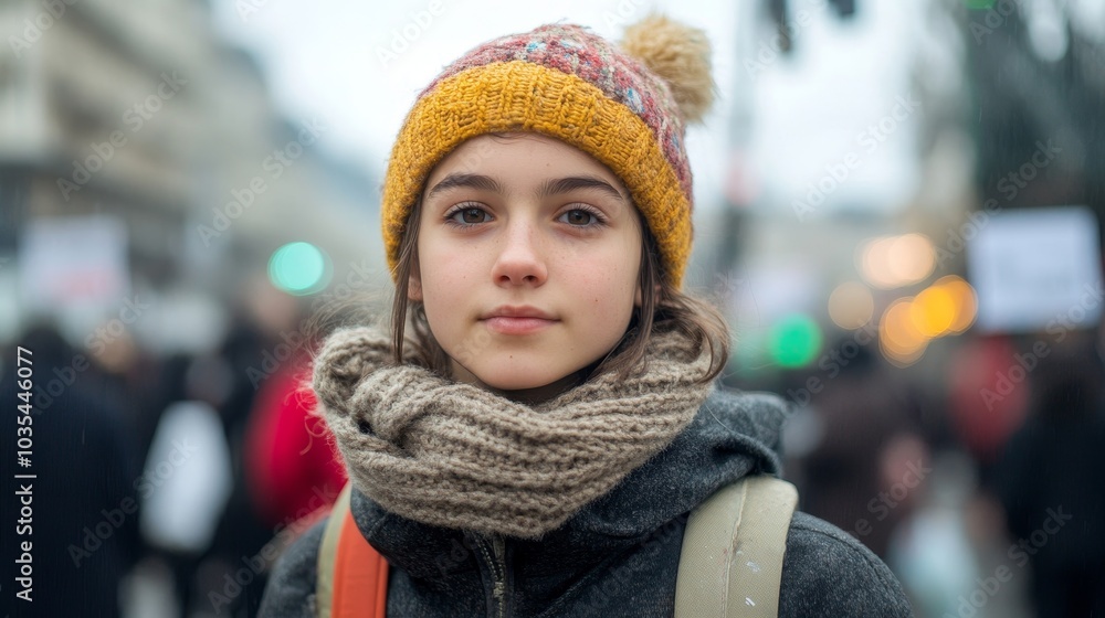 Young activist protesting at a climate change demonstration, Generative AI Young activist protesting at a climate change demonstration, Generative AI