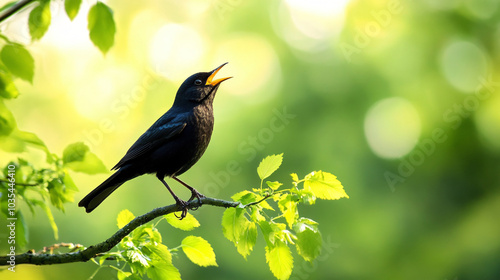 A common blackbird singing in a lush garden