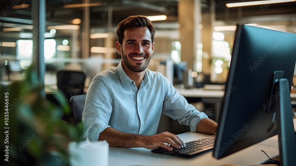 A Smiling Man Working on His Computer in an Office A Smiling Man Working on His Computer in an Office