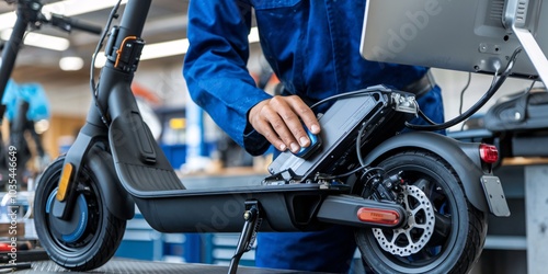 A mechanic in a workshop meticulously performs routine maintenance on a modern electric scooter. He is checking the brakes and electrical systems ensuring it's in top working condition.