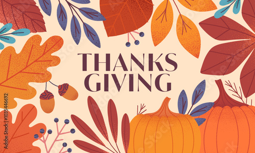 Happy thanksgiving day seasonal banner with pumpkins,leaves,acorns,berries,plants in fall colors.Vector holiday illustration.Autumn thanksgiving template for prints,ad,smm,branding,packaging,covers