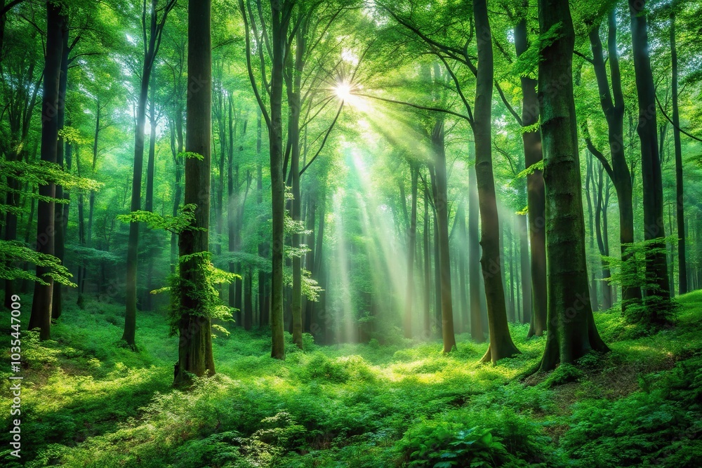 Obraz premium Lush forest with tall trees and glowing plants