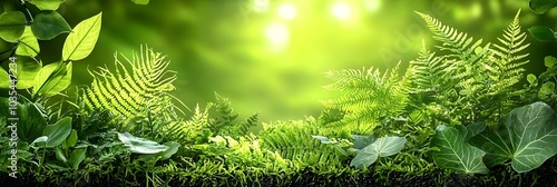 Lush green ferns growing abundantly on the forest floor with soft sunlight beams filtering through the verdant canopy above creating a tranquil and peaceful natural scene