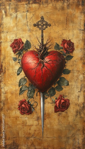 Immaculate Heart of Mary. Radiant red heart  pierced by a sword to signify the sufferings endured by Mary, flanked by two roses, representing her, Generative AI