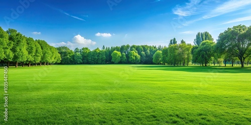 Lush green field with trees in background