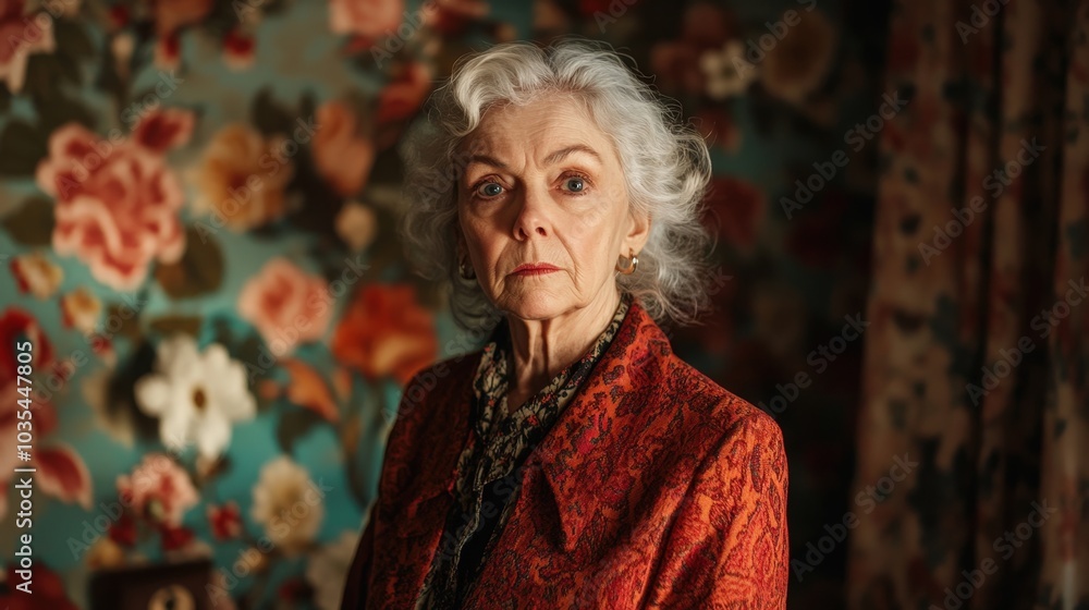 A poignant gaze, an elderly woman's quiet strength, captured in a floral room. A poignant gaze, an elderly woman's quiet strength, captured in a floral room.
