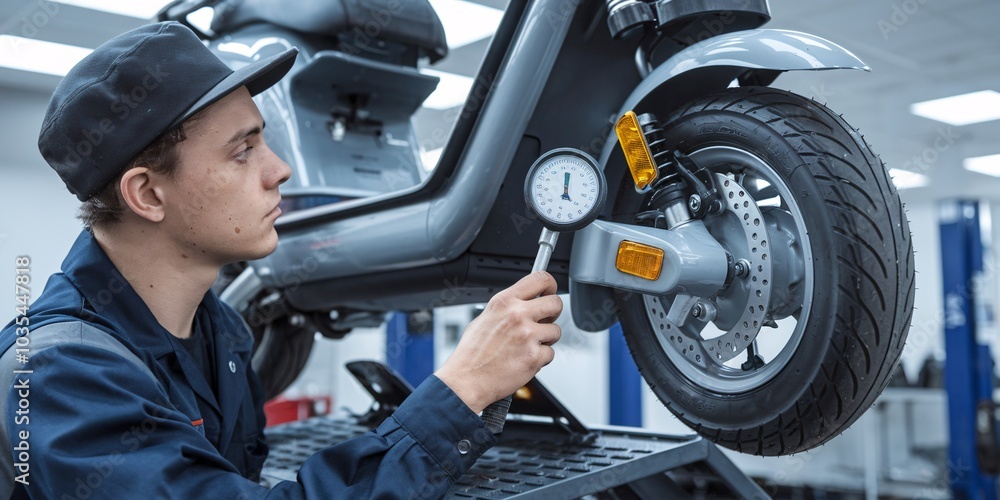 A mechanic in a workshop meticulously performs routine maintenance on a modern electric scooter. He is checking the brakes and electrical systems ensuring it's in top working condition. A mechanic in a workshop meticulously performs routine maintenance on a modern electric scooter. He is checking the brakes and electrical systems ensuring it's in top working condition.
