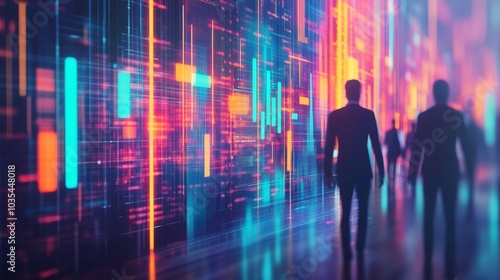 Silhouettes of businessmen walking through a futuristic digital landscape with glowing data streams, representing technological advancement and big data analytics.