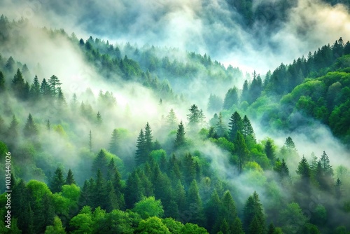 Lush green mountainous forest covered in mystical morning fog