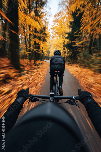 Cyclist rides through blurred autumn forest scenery full of vivid yellow leaves. photo