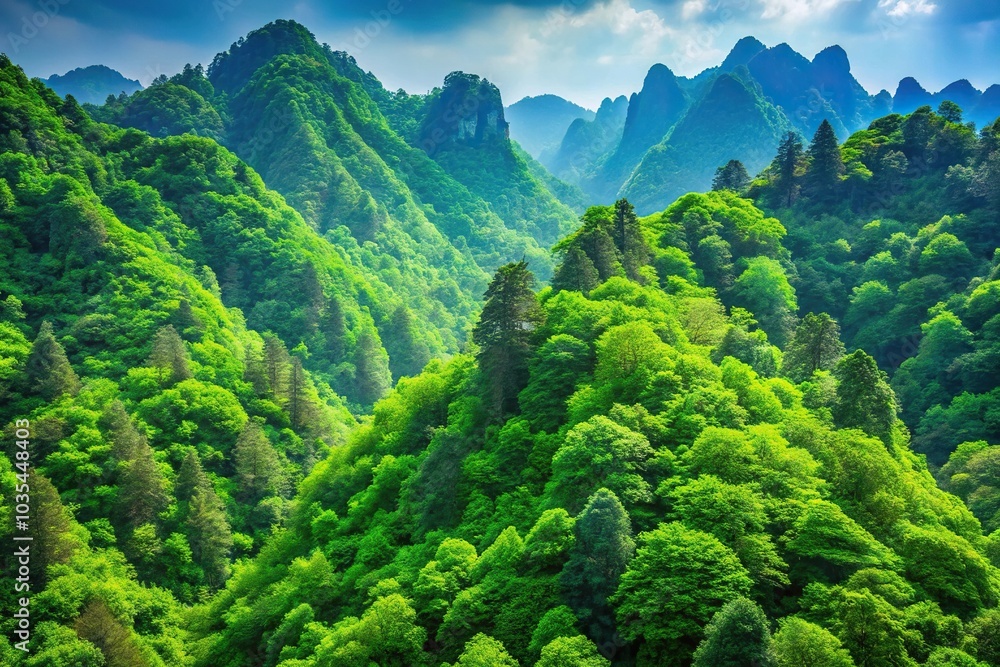 Fototapeta premium Lush green trees covering mountains under blue sky
