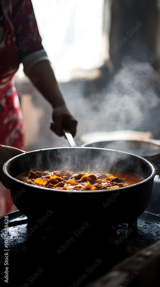 A woman stirring a pot of steaming stew in a rustic kitchen, capturing the essence of traditional Hungarian cooking and warmth A woman stirring a pot of steaming stew in a rustic kitchen, capturing the essence of traditional Hungarian cooking and warmth