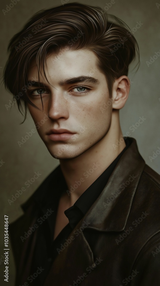 Stylish young man in leather jacket with intense gaze Stylish young man in leather jacket with intense gaze