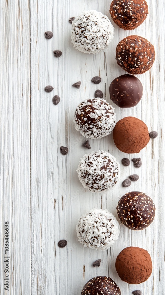 Assorted chocolate truffles with coconut, cocoa powder, and sprinkles arranged on white wooden background with scattered coffee beans for gourmet appeal. Assorted chocolate truffles with coconut, cocoa powder, and sprinkles arranged on white wooden background with scattered coffee beans for gourmet appeal.