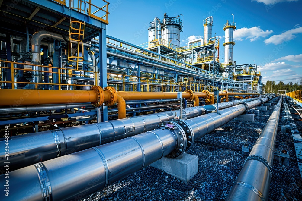 Exterior view of a natural gas processing plant with pipelines, storage tanks, and processing equipment Exterior view of a natural gas processing plant with pipelines, storage tanks, and processing equipment