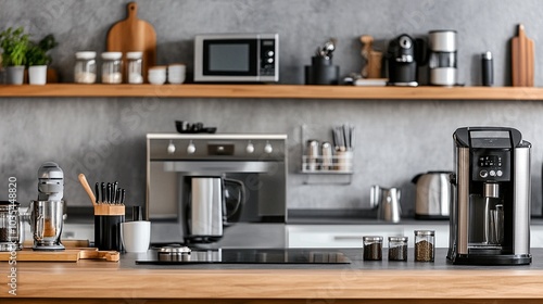 Modern kitchen countertop with various appliances and utensils, showcasing a sleek design with stainless steel and wood elements. Gray walls contrast with warm wooden shelving.