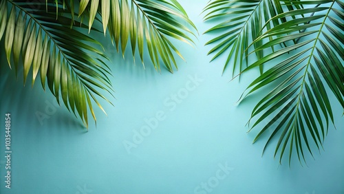 Lush palm leaves hanging on blue wall