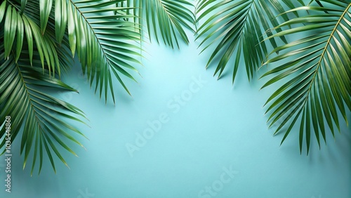 Lush palm leaves hanging on light blue wall