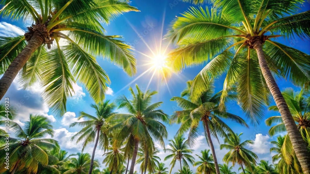 custom made wallpaper toronto digitalLush palm trees against blue skies and sunshine in a tropical paradise macro
