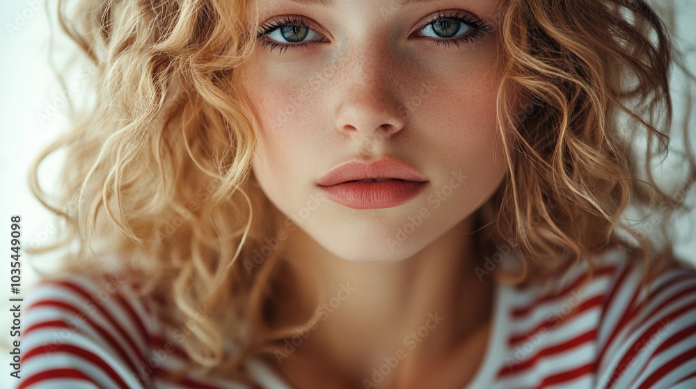 Close-up portrait of a young woman with striking blue eyes and curly blonde hair, wearing a red and white striped top, exuding a captivating and pensive expression. Close-up portrait of a young woman with striking blue eyes and curly blonde hair, wearing a red and white striped top, exuding a captivating and pensive expression.