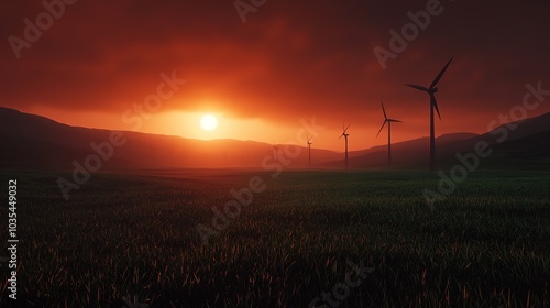 Sunset over a peaceful countryside with a windmill, 8k UHD