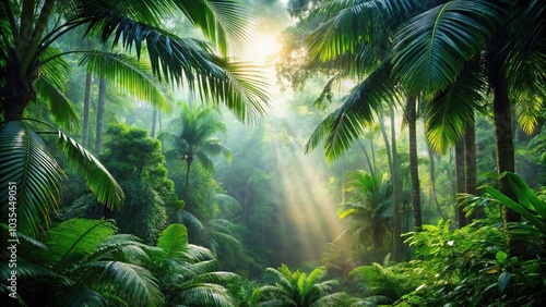 Lush sunlit tropical rainforest in morning minimalist