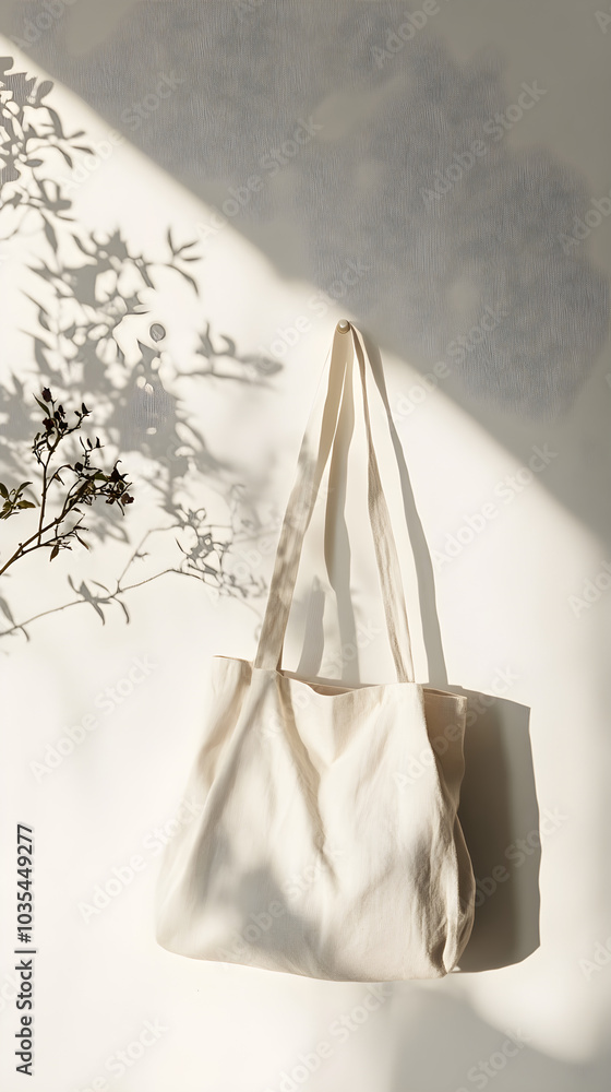 Minimalist eco bag hanging against a soft wall, with gentle shadows emphasizing its shape and subtle elegance of nature Minimalist eco bag hanging against a soft wall, with gentle shadows emphasizing its shape and subtle elegance of nature