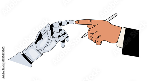 Artificial intelligence robot and human business man hands touching each other. Modern technology and computer science concept. Vector outline sketch colored drawing isolated on transparent background