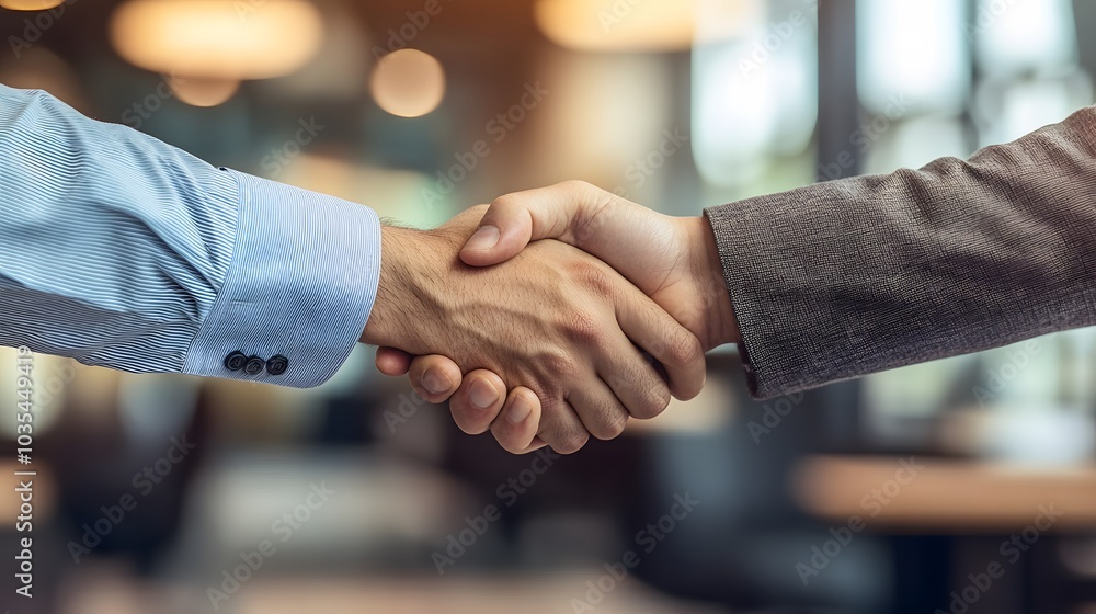 Two Businesspeople Shaking Hands in a Blurred Office Setting Two Businesspeople Shaking Hands in a Blurred Office Setting