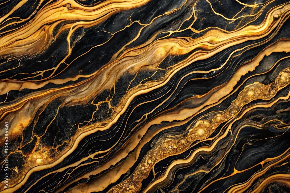 Obraz premium Luxurious abstract background resembling golden and black wave pattern on marble
