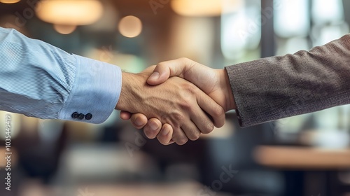 Two Businesspeople Shaking Hands in a Blurred Office Setting