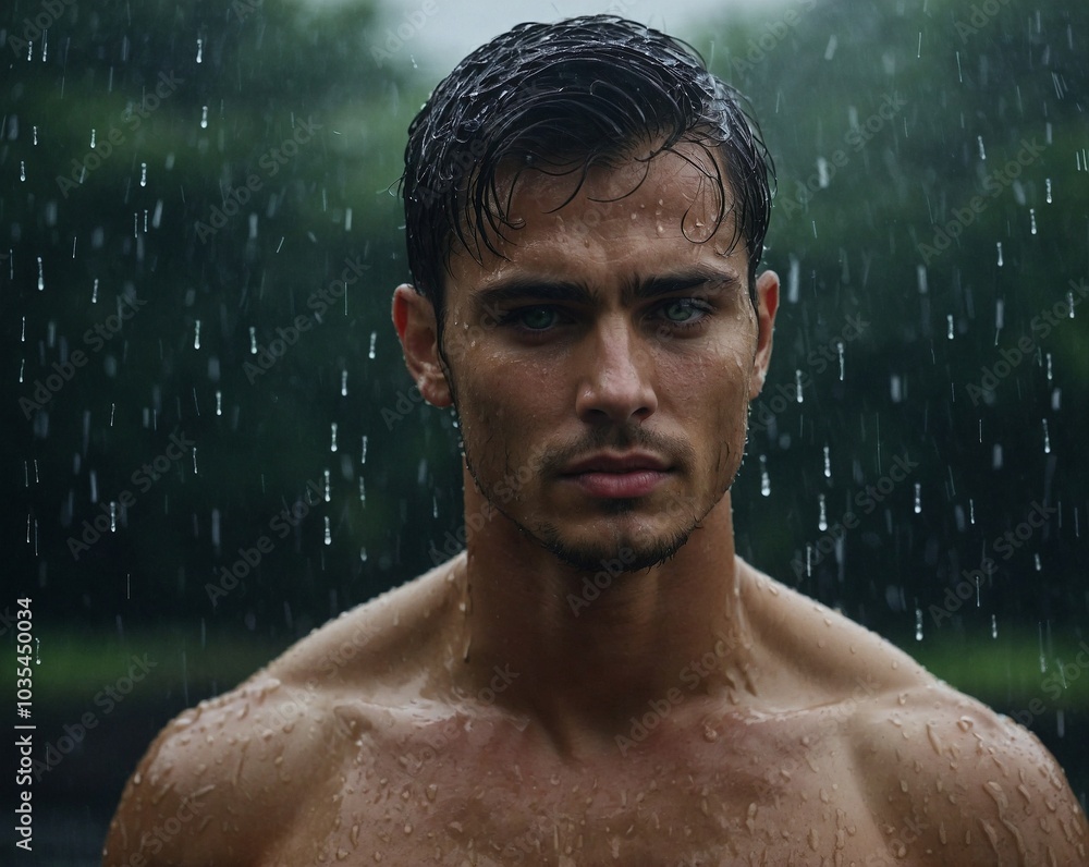 Fototapeta premium Handsome male model with green eyes standing in the rain, showcasing a captivating look and wet appearance during a stormy day.