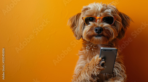 full body shot, a anthropic dog sitting, using a phone, wearing sunglasses, in solid orange backdrop  photo