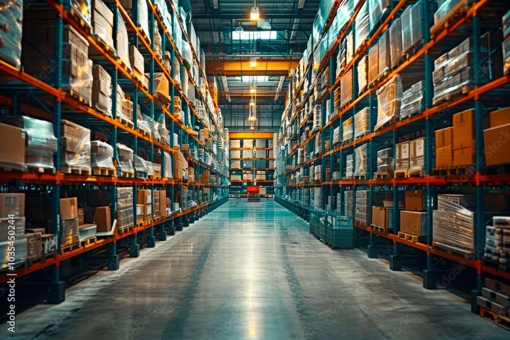 High-angle shot of a warehouse with rows of shelves stacked with boxes and goods, emphasizing organization and storage , cinematic, high contrasty, realistic High-angle shot of a warehouse with rows of shelves stacked with boxes and goods, emphasizing organization and storage , cinematic, high contrasty, realistic