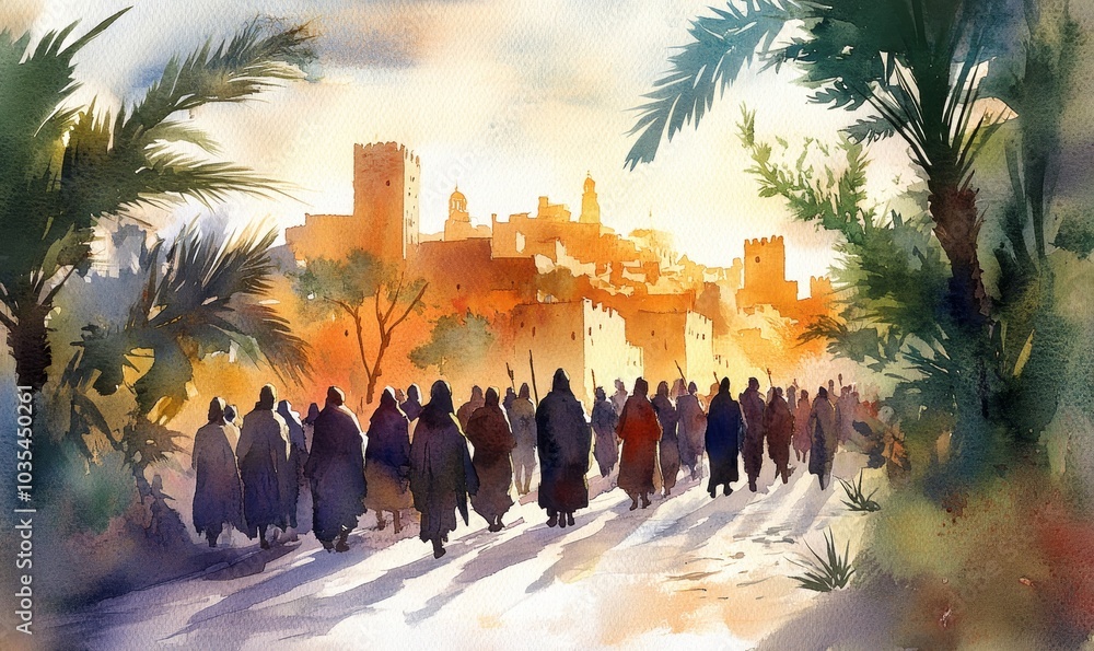 Obraz premium Jesus entering in Jerusalem. Palm Sunday. New Testament. Watercolor Biblical Illustration, Generative AI