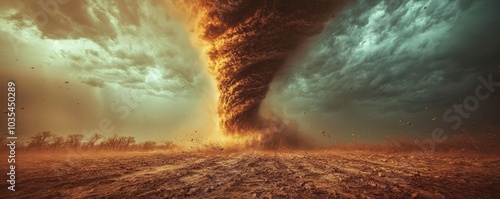 A dramatic tornado forms over a barren landscape, capturing the raw power of nature. Dark clouds swirl above, creating a striking contrast against the dust stirred up by the storm. photo