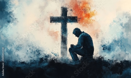 Man kneeling and praying in front of the cross. Digital watercolor painting, Generative AI