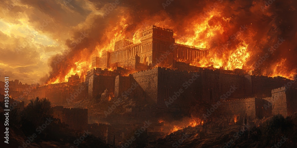 Fototapeta premium Tisha BAv. The destruction of the Temple of Jerusalem. The holy city of Jerusalem succumbs to fire and chaos as the Temple is razed. Digital, Generative AI