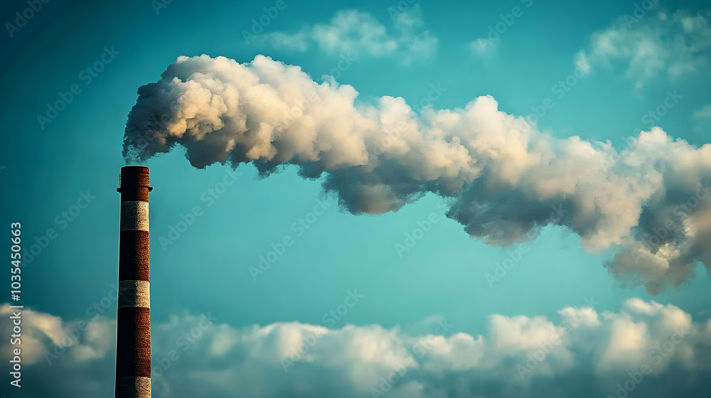 Industrial Chimney Emitting Toxic Smoke into the Atmosphere Against a Cloudy Sky Industrial Chimney Emitting Toxic Smoke into the Atmosphere Against a Cloudy Sky