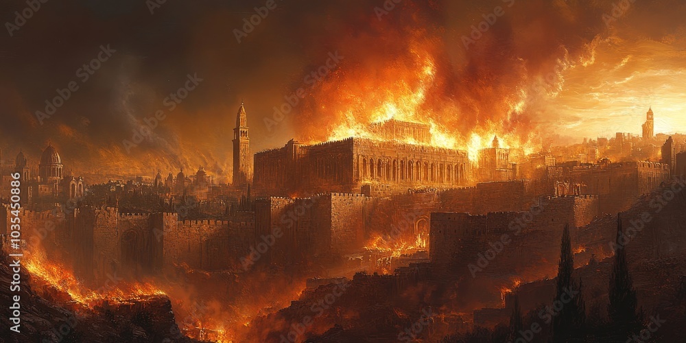 Naklejka premium Tisha BAv. The destruction of the Temple of Jerusalem. The holy city of Jerusalem succumbs to fire and chaos as the Temple is razed. Digital, Generative AI