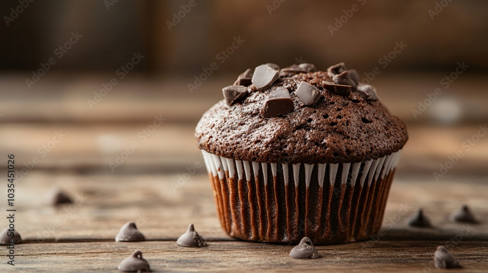 Decadent chocolate muffin topped with rich cocoa chips on rustic wooden table. Indulgent homemade treat with deep brown hues and tempting texture awaits tasting. Decadent chocolate muffin topped with rich cocoa chips on rustic wooden table. Indulgent homemade treat with deep brown hues and tempting texture awaits tasting.