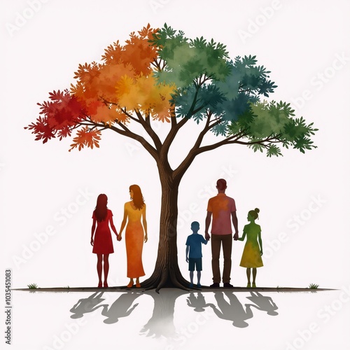 Watercolor illustration of diverse family tree silhouettes Digital art style photo