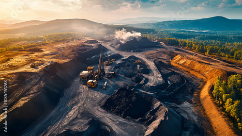 Heavy Machinery and Coal Mining Operations in a Busy Coal Mine Surrounded by Piles of Raw Materials