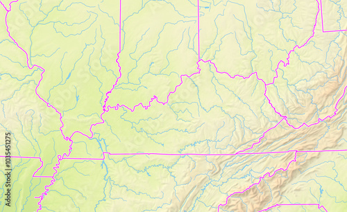 Map of the State Kentucky (US) with relief representation, water bodies like seas, rivers, lakes and with borders. No labels at all. photo