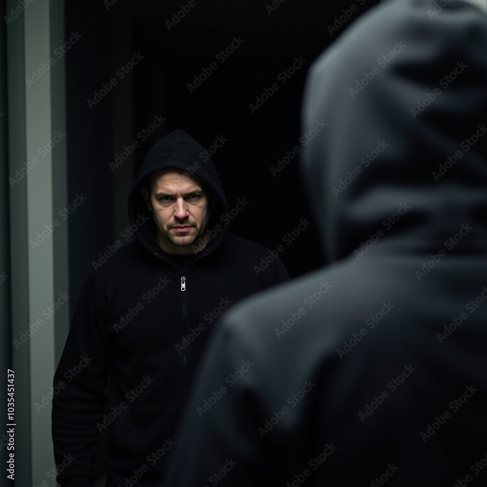 A man wearing a hood stalks someone on a dark night with criminal intent robbery or assault A man wearing a hood stalks someone on a dark night with criminal intent robbery or assault